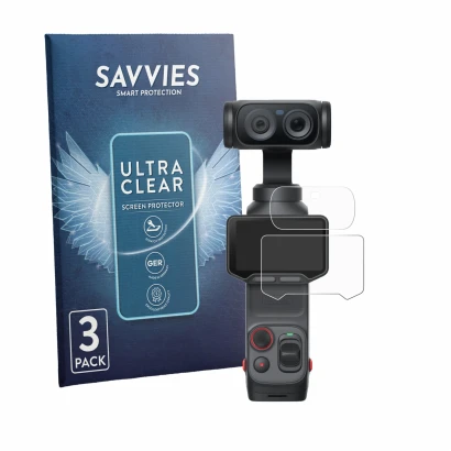 Front side of a product packaging with the brand logo Savvies. Next to it is the device Insta360 Luna Ultra (Display + Lens) s