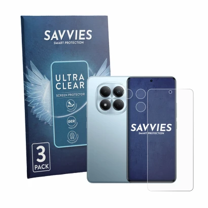 Front side of a product packaging with the brand logo Savvies. Next to it is the device Xiaomi Redmi Note 15 Pro 4G (Front+Cam
