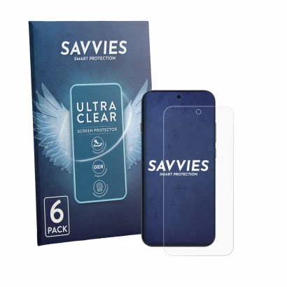 Front side of a product packaging with the brand logo Savvies. Next to it is the device Oppo Reno 16 Pro shown with the corres