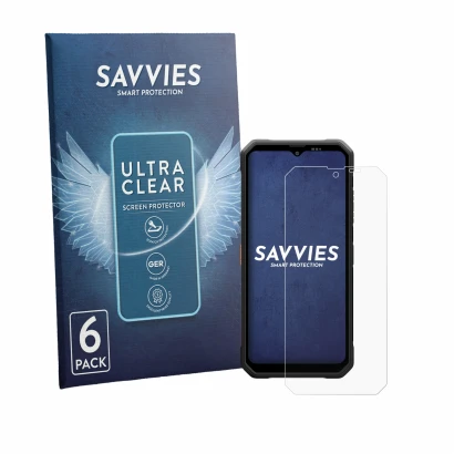 Front side of a product packaging with the brand logo Savvies. Next to it is the device Blackview Fort 2 shown with the corres