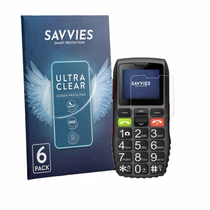 Front side of a product packaging with the brand logo Savvies. Next to it is the device artfone C1 shown with the correspondin