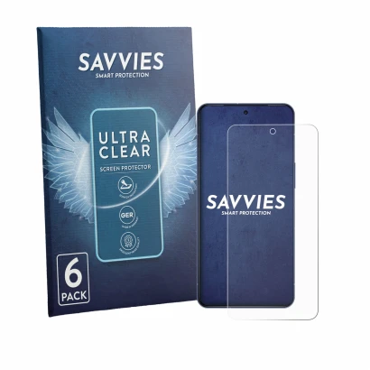 Front side of a product packaging with the brand logo Savvies. Next to it is the device Sharp Aquos R11 shown with the corresp