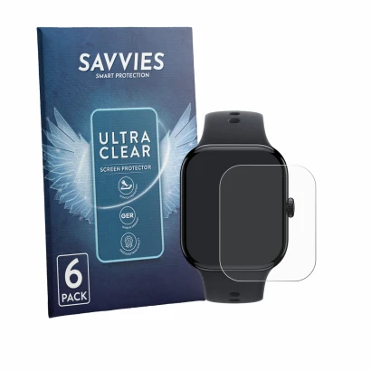 Front side of a product packaging with the brand logo Savvies. Next to it is the device Vivo Watch GT 2 shown with the corresp