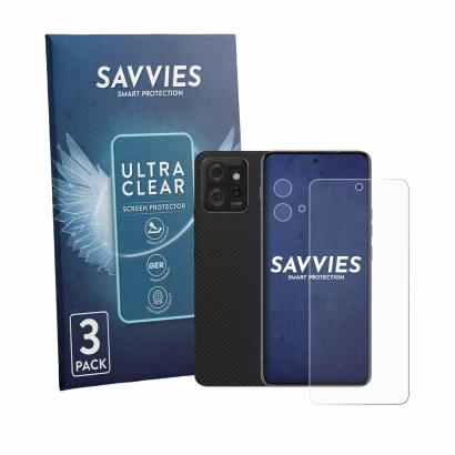 Front side of a product packaging with the brand logo Savvies. Next to it is the device Motorola ThinkPhone (Front+Camera) sho
