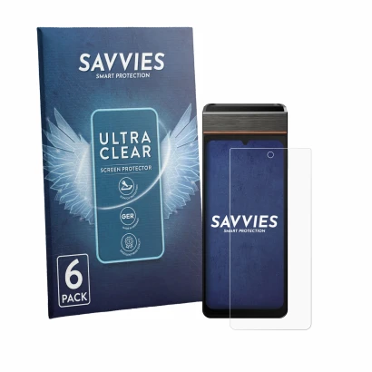 Front side of a product packaging with the brand logo Savvies. Next to it is the device Sunmi V3e shown with the corresponding