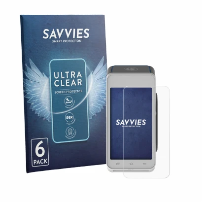 Front side of a product packaging with the brand logo Savvies. Next to it is the device Pax A910S shown with the corresponding
