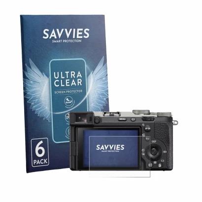 Front side of a product packaging with the brand logo Savvies. Next to it is the device Sony A7C II shown with the correspondi