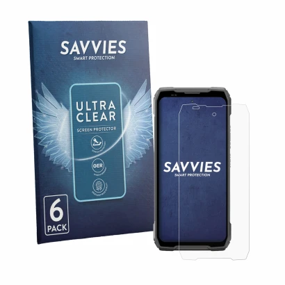 Front side of a product packaging with the brand logo Savvies. Next to it is the device Blackview Xplore 6 shown with the corr