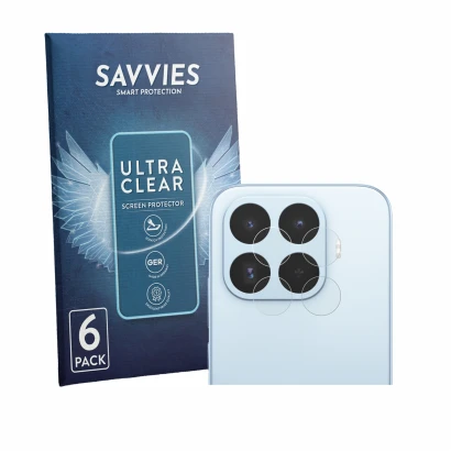 Front side of a product packaging with the brand logo Savvies. Next to it is the device Xiaomi 17T (ONLY Camera Lens) shown wi