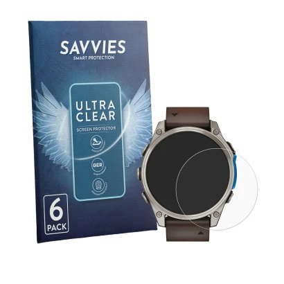 Front side of a product packaging with the brand logo Savvies. Next to it is the device Garmin D2 Mach 2 (47 mm) shown with th