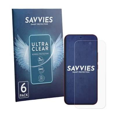 Front side of a product packaging with the brand logo Savvies. Next to it is the device Xiaomi Poco F9 Ultra shown with the co