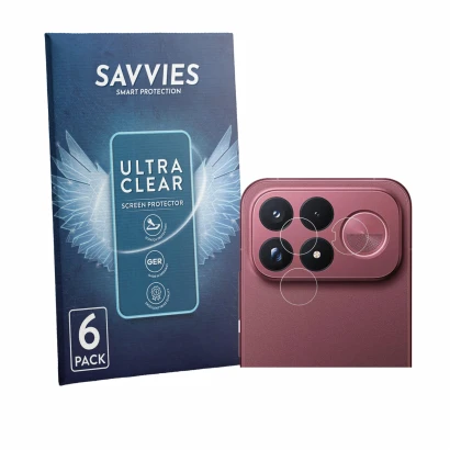 Front side of a product packaging with the brand logo Savvies. Next to it is the device Xiaomi Poco F9 Ultra (ONLY Camera Lens