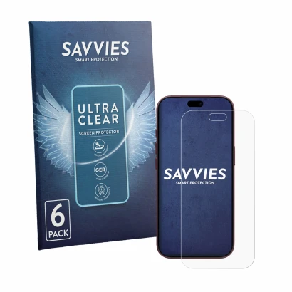 Front side of a product packaging with the brand logo Savvies. Next to it is the device Apple iPhone 18 Pro shown with the cor