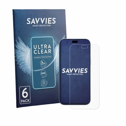 Front side of a product packaging with the brand logo Savvies. Next to it is the device Apple iPhone 18 Pro Max shown with the