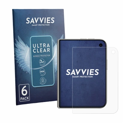 Front side of a product packaging with the brand logo Savvies. Next to it is the device Apple iPhone Duo shown with the corres