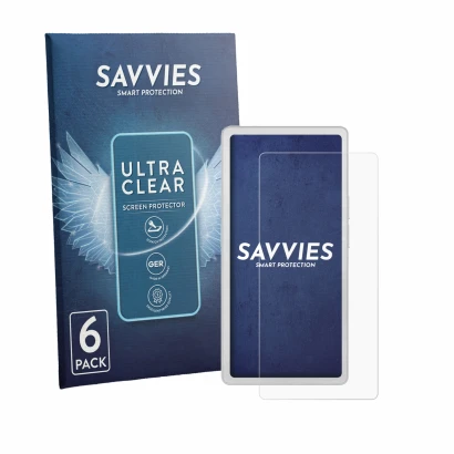 Front side of a product packaging with the brand logo Savvies. Next to it is the device PocketBook Q shown with the correspond