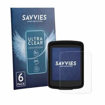 Front side of a product packaging with the brand logo Savvies. Next to it is the device Bryton Rider E10 shown with the corres