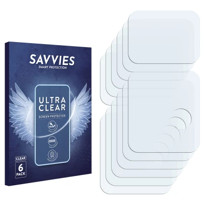 Front side of a product packaging with the brand logo Savvies. Next to it is the corresponding screen protector.