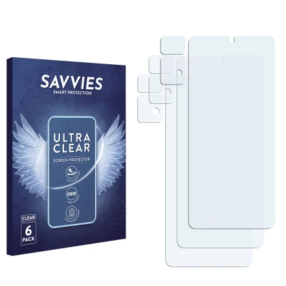 Front side of a product packaging with the brand logo Savvies. Next to it is the corresponding screen protector.