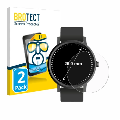 Front side of a product packaging with the brand logo BROTECT. Next to it is the device Watches (Circular, ø: 26 mm) shown wit
