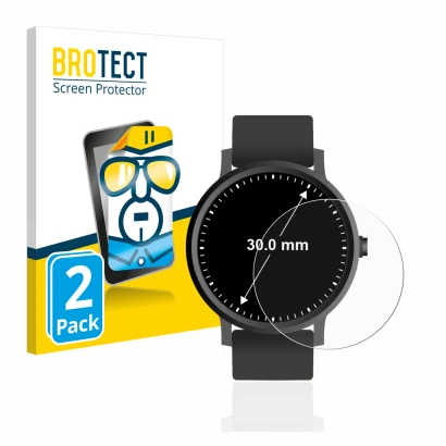 Front side of a product packaging with the brand logo BROTECT. Next to it is the device Watches (Circular, ø: 30 mm) shown wit