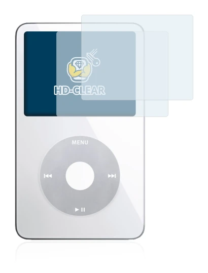 Image of the device Apple iPod classic video Display (5th. Gen.) with a wide variety of screen protectors.