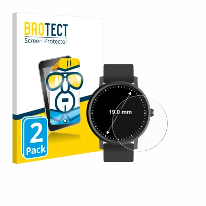 Front side of a product packaging with the brand logo BROTECT. Next to it is the device Watches (Circular, ø: 19 mm) shown wit