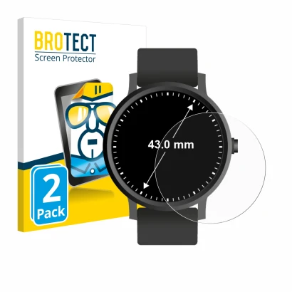 Front side of a product packaging with the brand logo BROTECT. Next to it is the device Watches (Circular, ø: 43 mm) shown wit