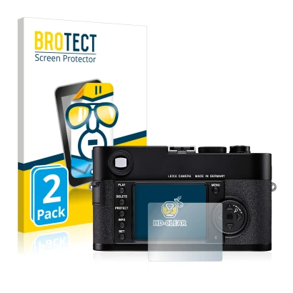 Front side of a product packaging with the brand logo BROTECT. Next to it is the device Leica M8 shown with the corresponding 