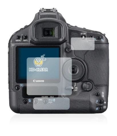 Front side of a product packaging with the brand logo BROTECT. Next to it is the device Canon EOS 1Ds Mark III shown with the 