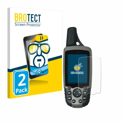 Front side of a product packaging with the brand logo BROTECT. Next to it is the device Garmin GPSMAP 60CSx shown with the cor