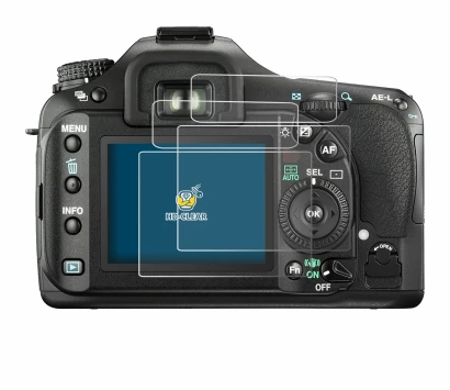 Image of the device Pentax K20D with a wide variety of screen protectors.