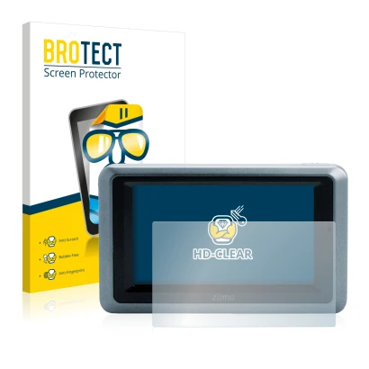 Front side of a product packaging with the brand logo BROTECT. Next to it is the device Garmin zumo 660 shown with the corresp