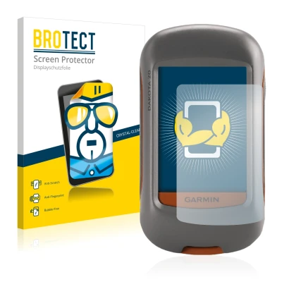 Front side of a product packaging with the brand logo BROTECT. Next to it is the device Garmin Dakota 20 shown with the corres