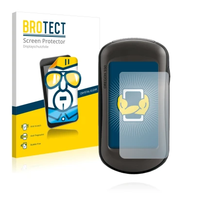 Front side of a product packaging with the brand logo BROTECT. Next to it is the device Garmin Oregon 550 shown with the corre