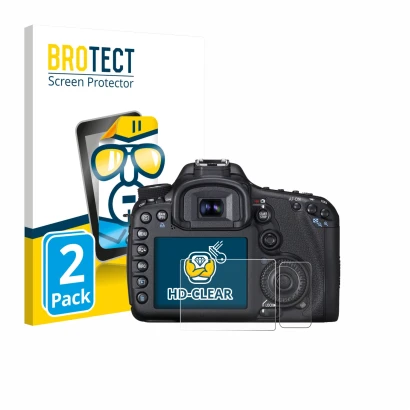 Front side of a product packaging with the brand logo BROTECT. Next to it is the device Canon EOS 7D shown with the correspond