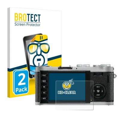 Front side of a product packaging with the brand logo BROTECT. Next to it is the device Leica X1 shown with the corresponding