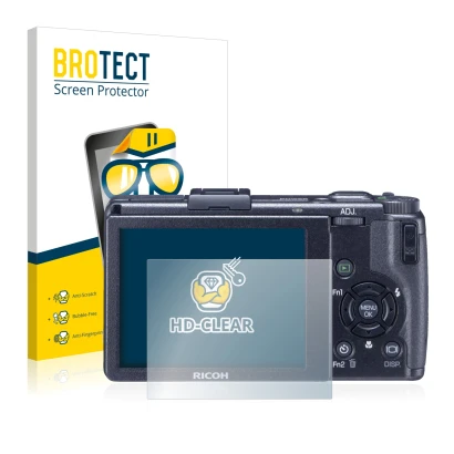 Front side of a product packaging with the brand logo BROTECT. Next to it is the device Ricoh GR Digital III (2009-2011) shown