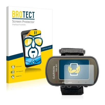 Front side of a product packaging with the brand logo BROTECT. Next to it is the device Garmin Foretrex 401 shown with the cor