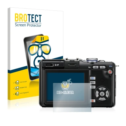 Front side of a product packaging with the brand logo BROTECT. Next to it is the device Olympus PEN E-PL1 shown with the corre