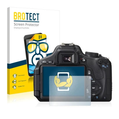 Front side of a product packaging with the brand logo BROTECT. Next to it is the device Canon EOS 600D shown with the correspo
