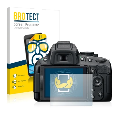 Front side of a product packaging with the brand logo BROTECT. Next to it is the device Nikon D5100 shown with the correspondi