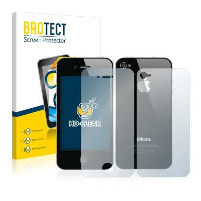 Front side of a product packaging with the brand logo BROTECT. Next to it is the device Apple iPhone 4S (Front+Back) shown wit