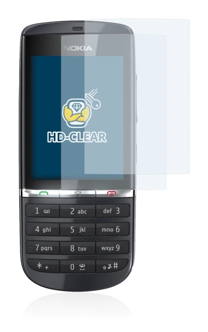 Image of the device Nokia Asha 300 with a wide variety of screen protectors.