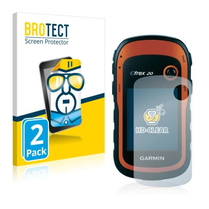 Front side of a product packaging with the brand logo BROTECT. Next to it is the device Garmin eTrex 20 shown with the corresp