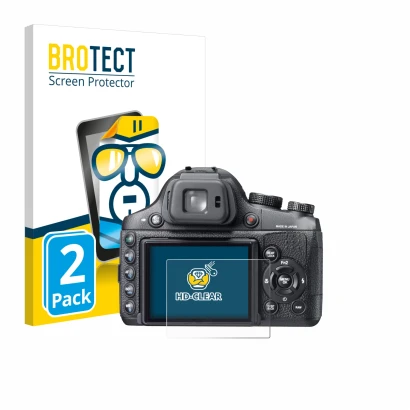 Front side of a product packaging with the brand logo BROTECT. Next to it is the device Fujifilm FinePix X-S1 shown with the c