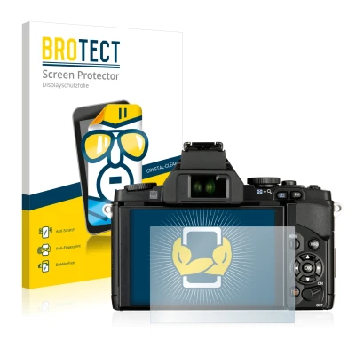Front side of a product packaging with the brand logo BROTECT. Next to it is the device Olympus OM-D E-M5 shown with the corre