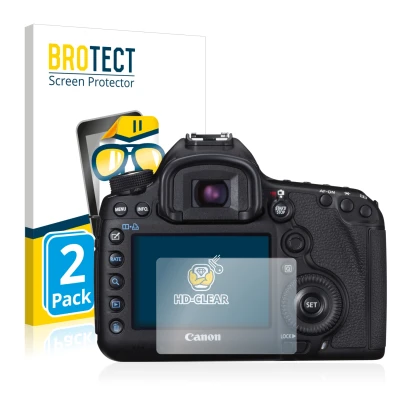 Front side of a product packaging with the brand logo BROTECT. Next to it is the device Canon EOS 5D Mark III shown with the c