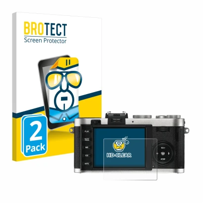 Front side of a product packaging with the brand logo BROTECT. Next to it is the device Leica X2 shown with the corresponding
