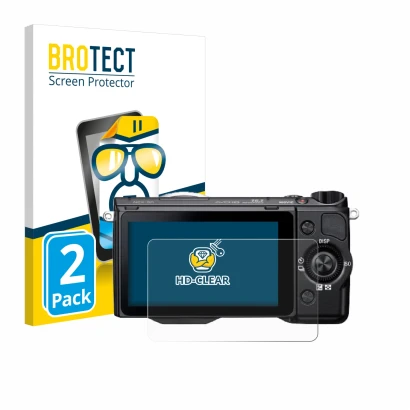 Front side of a product packaging with the brand logo BROTECT. Next to it is the device Sony Alpha NEX-5R shown with the corre